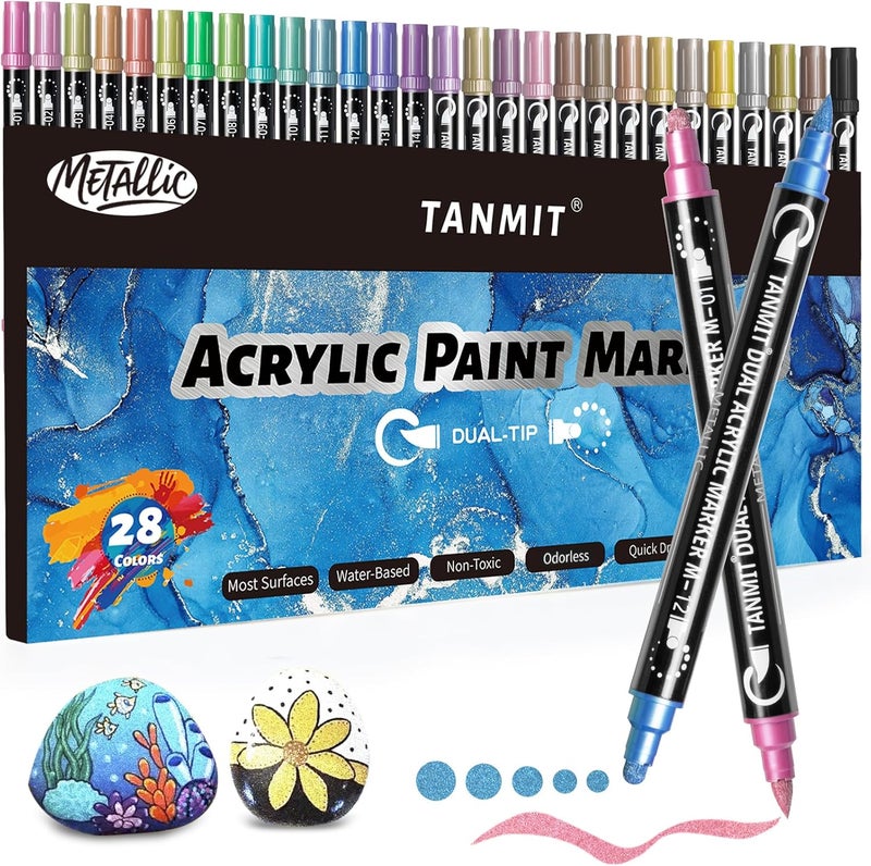 TANMIT 28 Metallic Colors Acrylic Paint Markers, Dual Tip Acrylic Paint Pens for Rock Painting, Black Paper, Wood, Canvas, Stone, Glass, Ceramic, DIY Crafts Making Art Supplies (Brush Tip and Round Tip) - Image 1